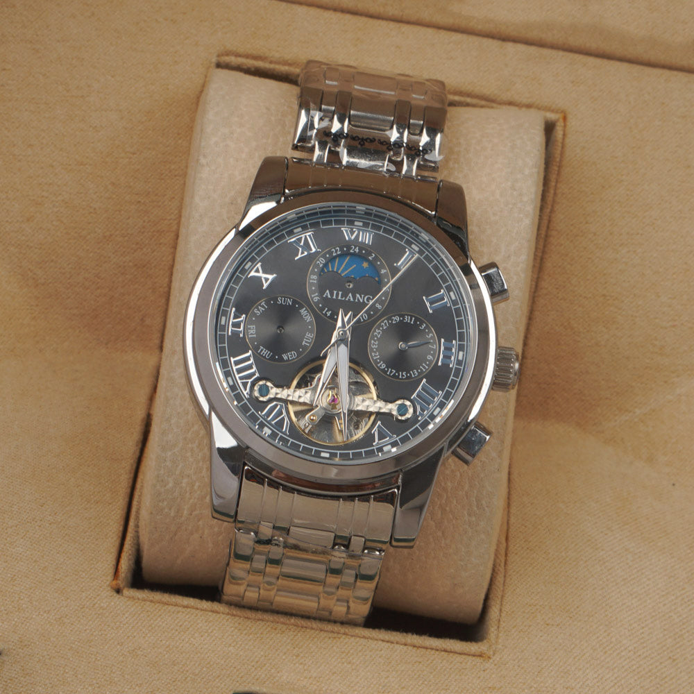AILANG AL-8602G Men's Automatic Mechanical Skeleton Watch Black Dial