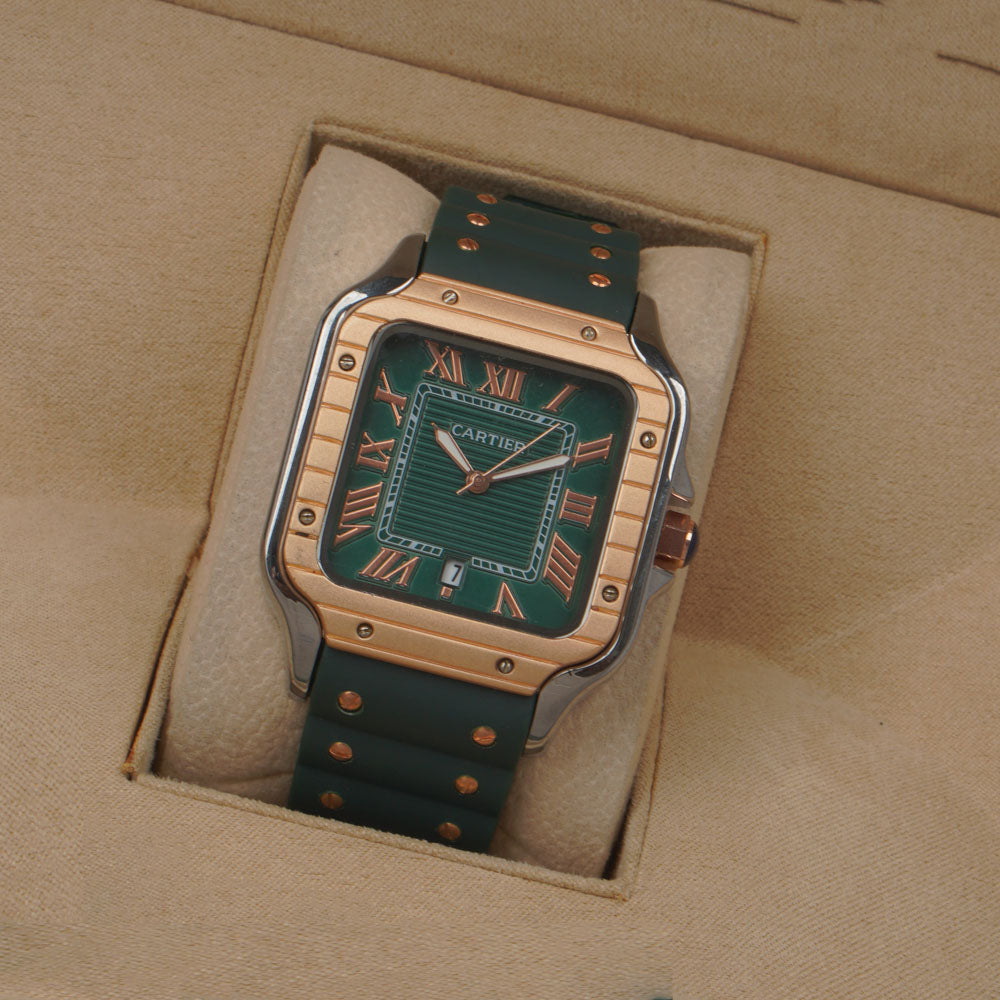 Men cart-ier 148 sqaure case Green Golden watch