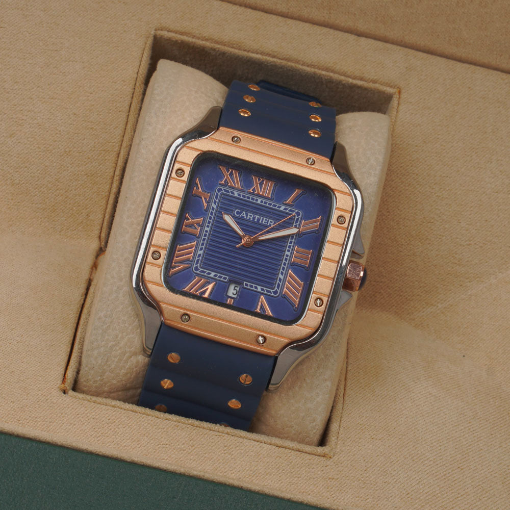 Men cart-ier 148 sqaure case Blue Golden watch