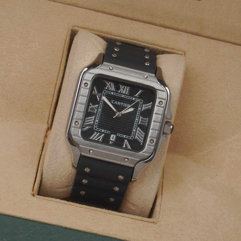 Men cart-ier 148 sqaure case silver black watch