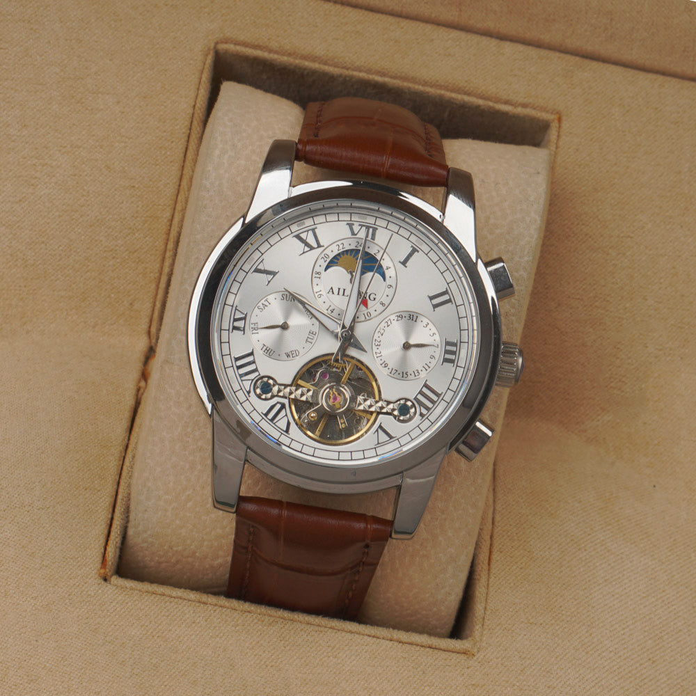 AILANG AL-8508 Men's Business Automatic Mechanical Watch Brown Strap Silver Dial