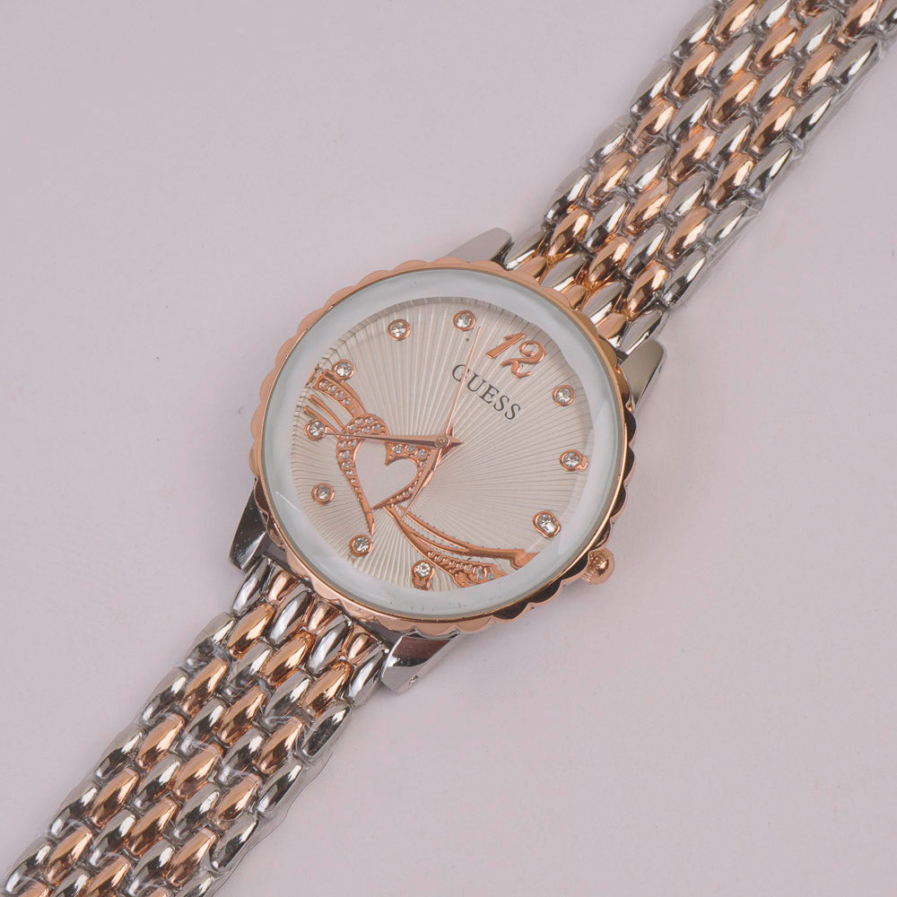 Two Tone Women Chain Watch Rosegold White