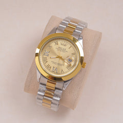 Two Tone Mens Silver Chain Wrist Watch Golden Dial Relax