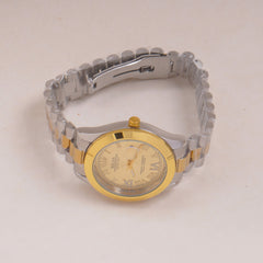 Two Tone Mens Silver Chain Wrist Watch Golden Dial Relax