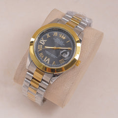 Two Tone Mens Silver Chain Wrist Watch Black Dial Relax