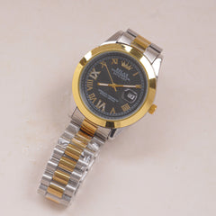 Two Tone Mens Silver Chain Wrist Watch Black Dial Relax