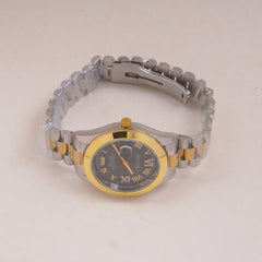 Two Tone Mens Silver Chain Wrist Watch Black Dial Relax