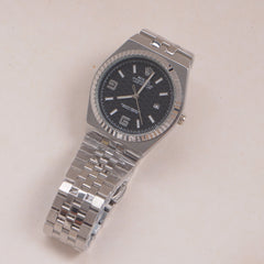 Mens Silver Chain Wrist Watch Black Dial R
