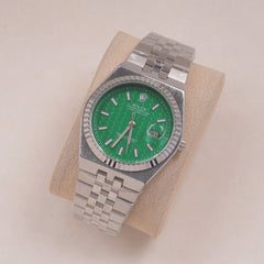 Mens Silver Chain Wrist Watch Green Dial R