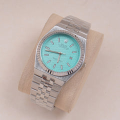 Mens Silver Chain Wrist Watch Cyan Dial R