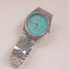 Mens Silver Chain Wrist Watch Cyan Dial R