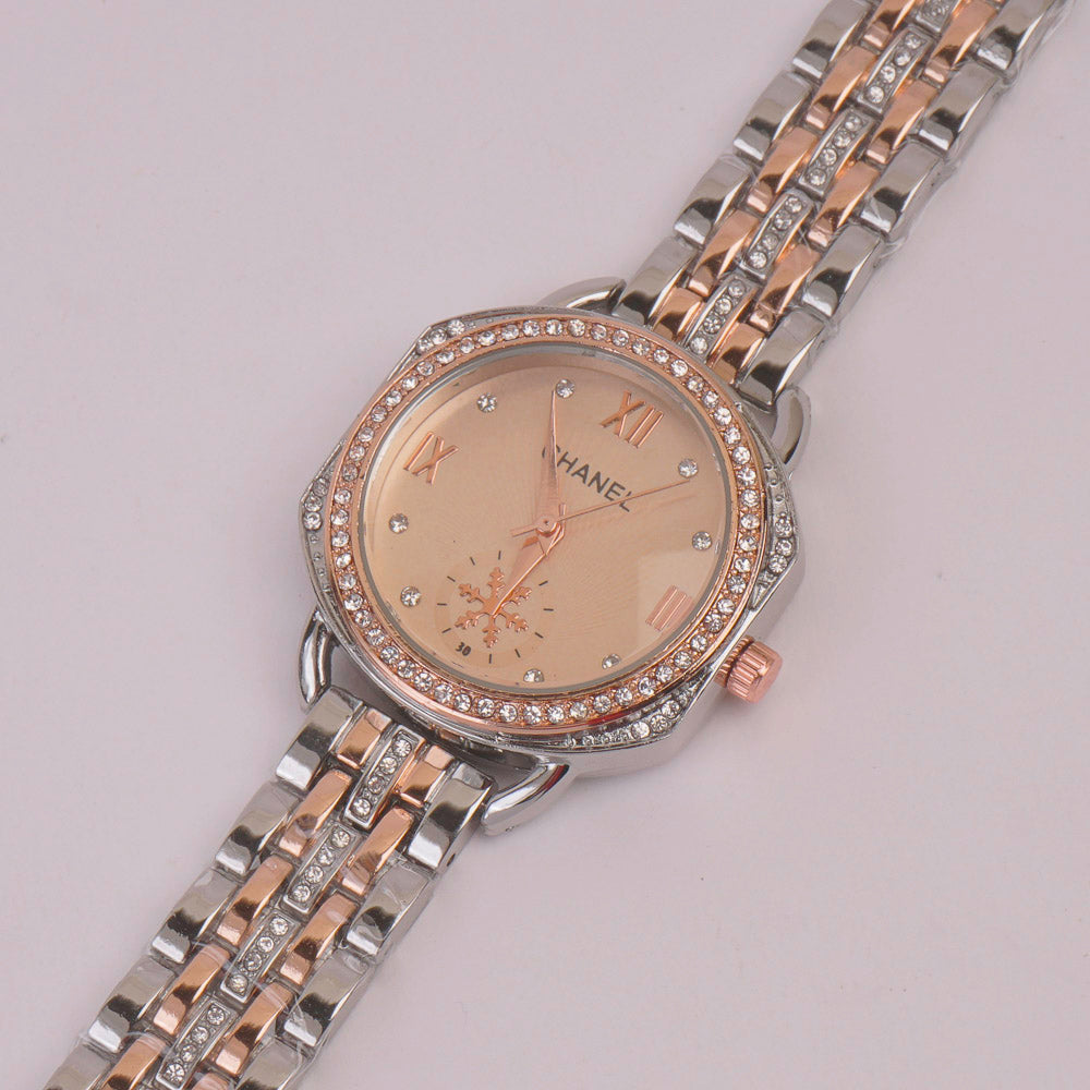 Two Tone Women Chain Watch Rosegold Pink