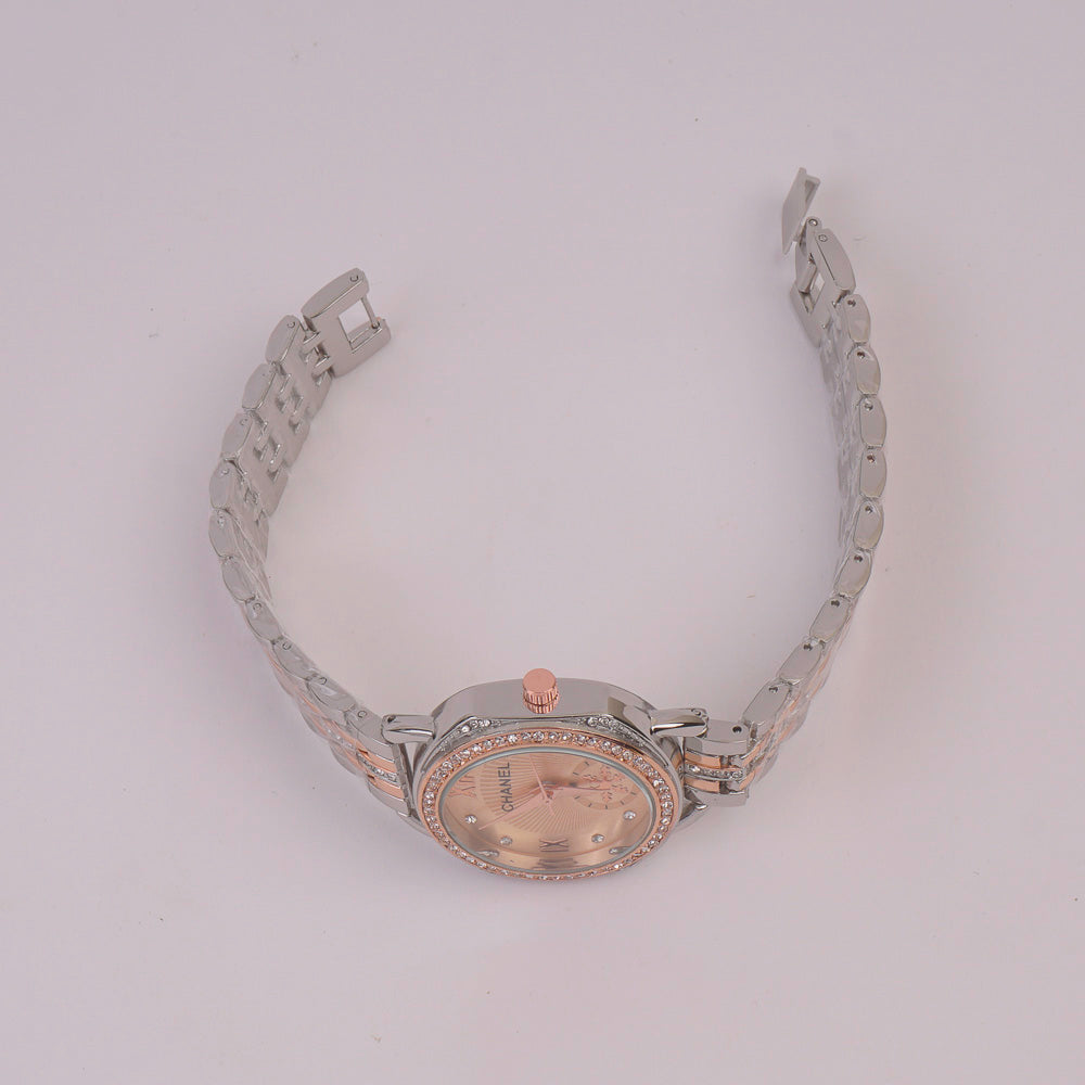 Two Tone Women Chain Watch Rosegold Pink