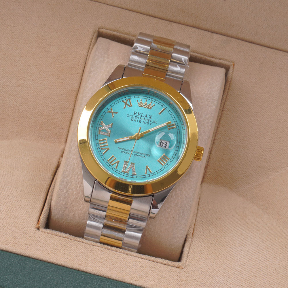 Two Tone Mens Silver Chain Wrist Watch Cyan Dial Relax