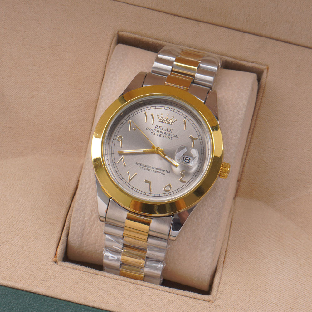 Two Tone Mens Silver Chain Wrist Watch Grey Dial Relax