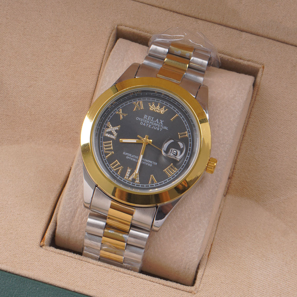 Two Tone Mens Silver Chain Wrist Watch Black Dial Relax