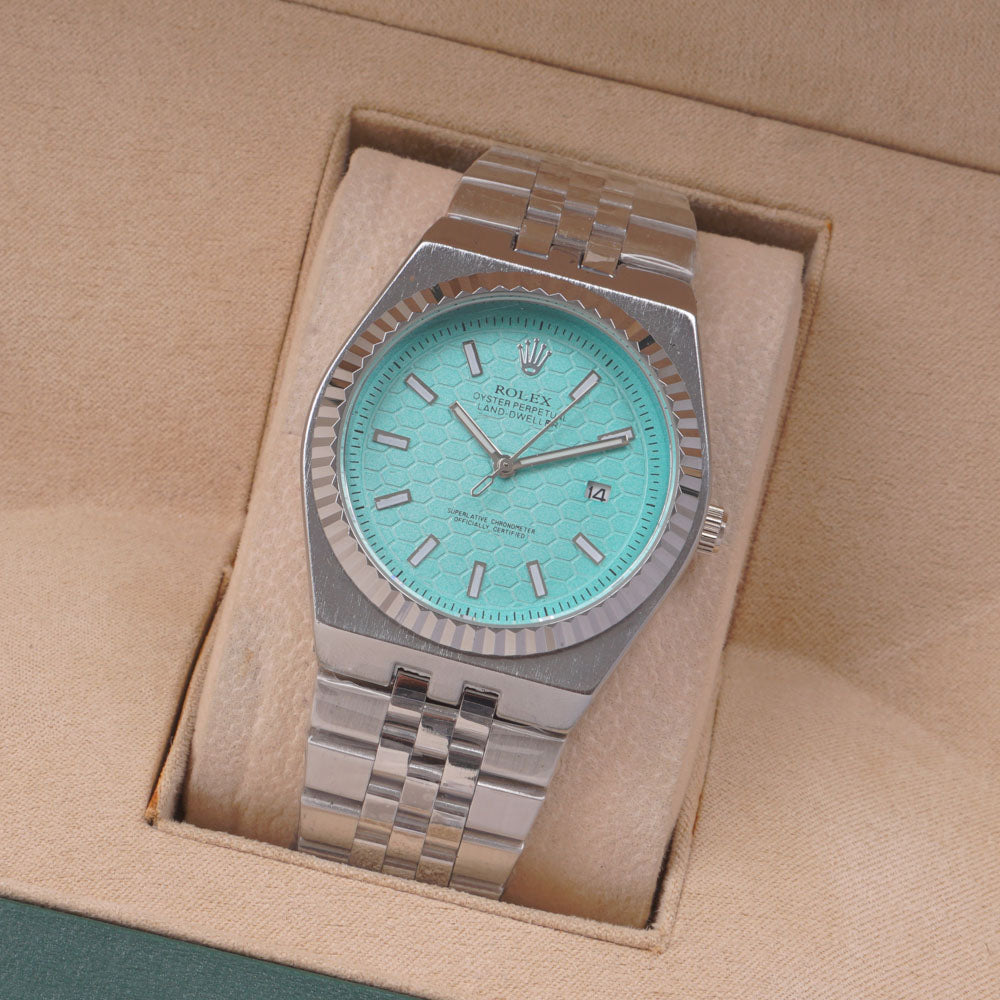 Mens Silver Chain Wrist Watch Cyan Dial R