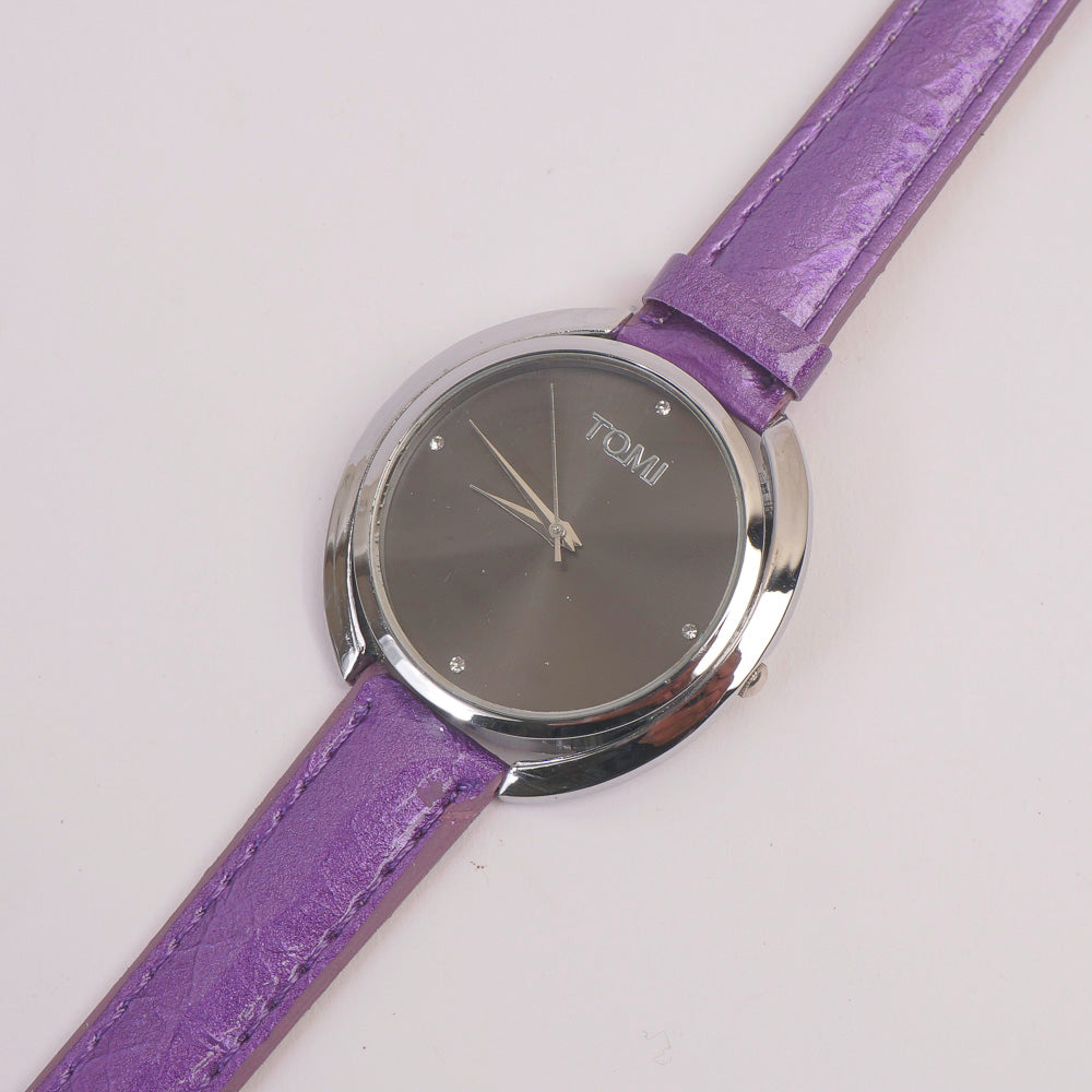 Women Stylish Wrist Silver Case Black Dial Purple Strap Watch