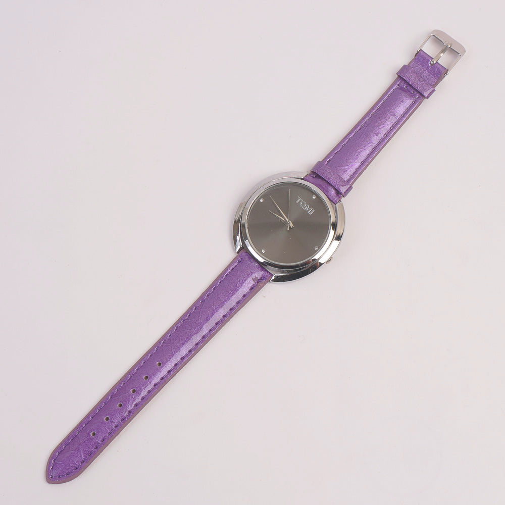 Women Stylish Wrist Silver Case Black Dial Purple Strap Watch