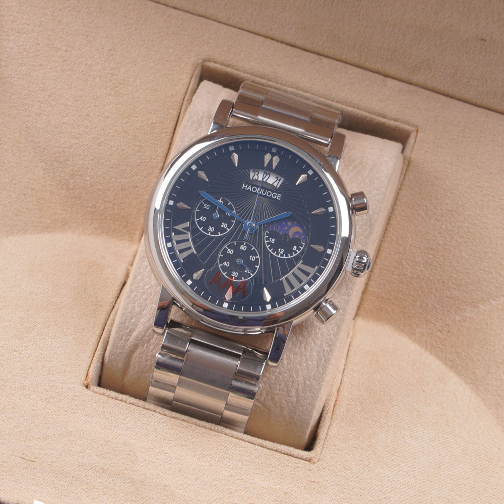 Mens Silver Chain Chronograph Watch with black dial
