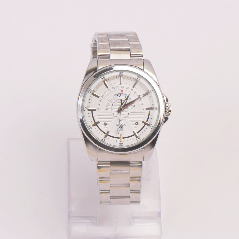 Mens Silver Chain Wrist Watch White Dial