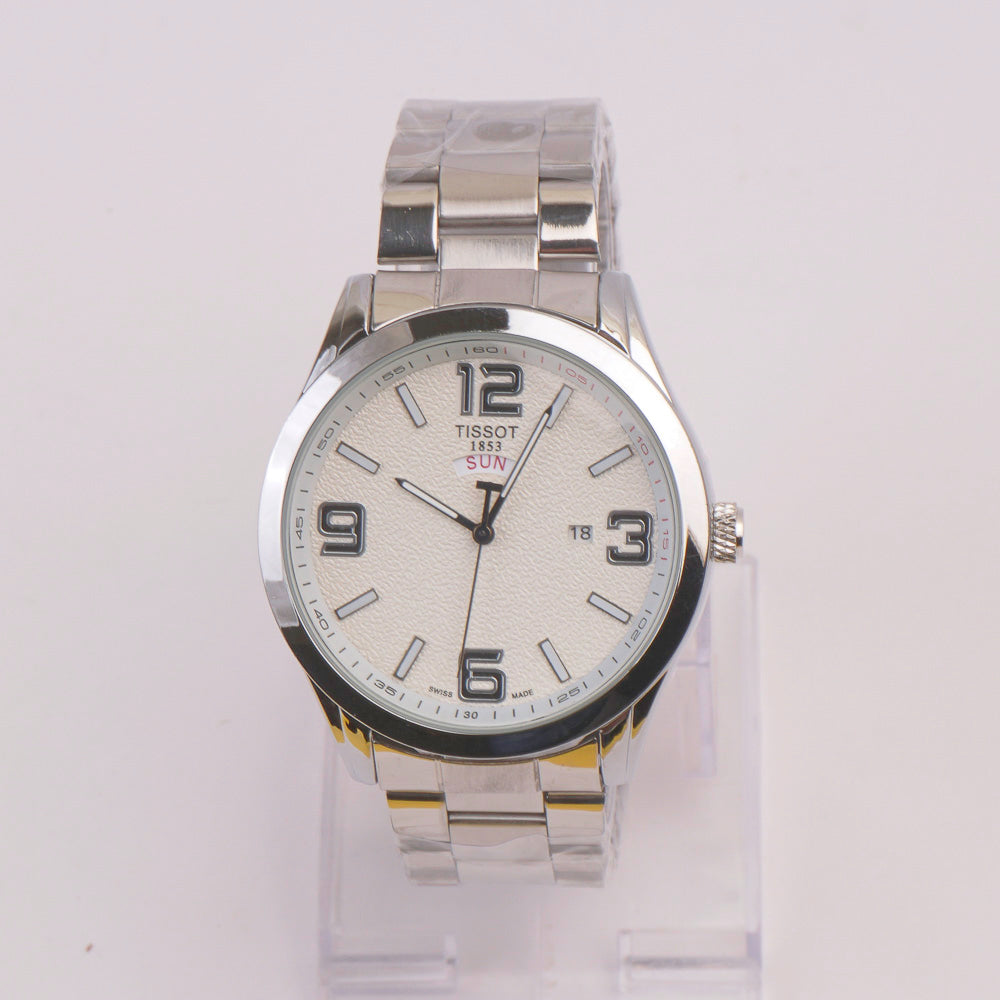 Mens Silver Chain Wrist Watch White Dial