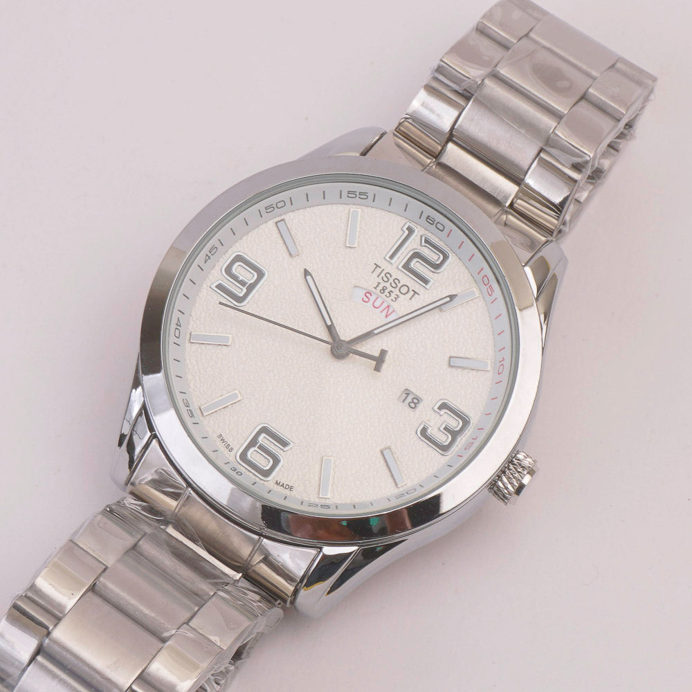 Mens Silver Chain Wrist Watch White Dial