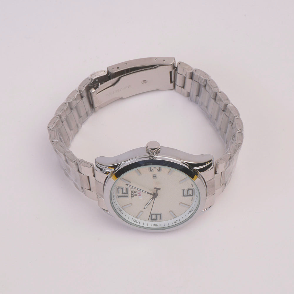 Mens Silver Chain Wrist Watch White Dial