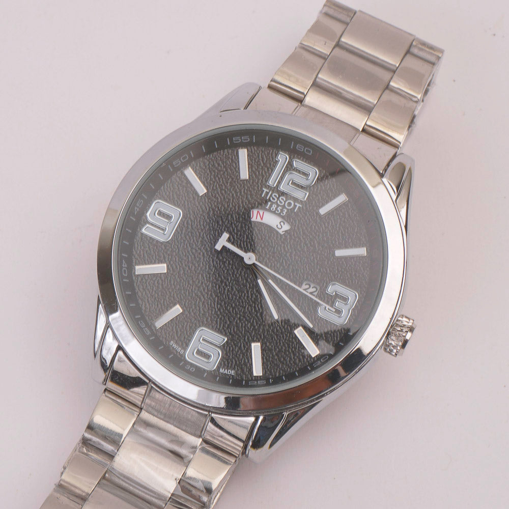 Mens Silver Chain Wrist Watch Black Dial