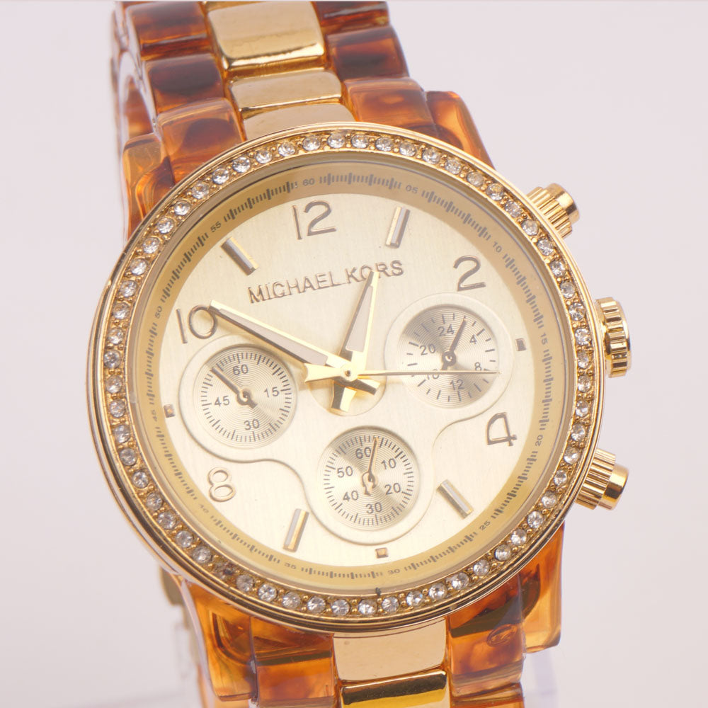 Women Chain Wrist Watch MK Brown Golden Dial