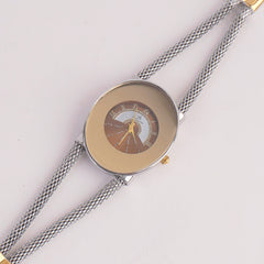 Women's Stylish Pipe Silver Chain Watch Golden & Brown Dial
