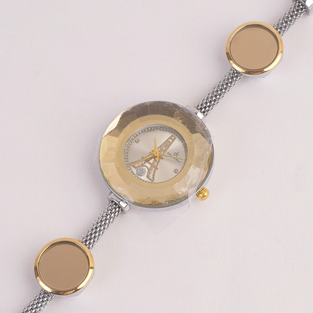 Women's Stylish Pipe Silver Chain Watch Golden & Silver Dial