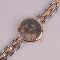 Two Tone Women Rose Chain Watch Black Dial FCO