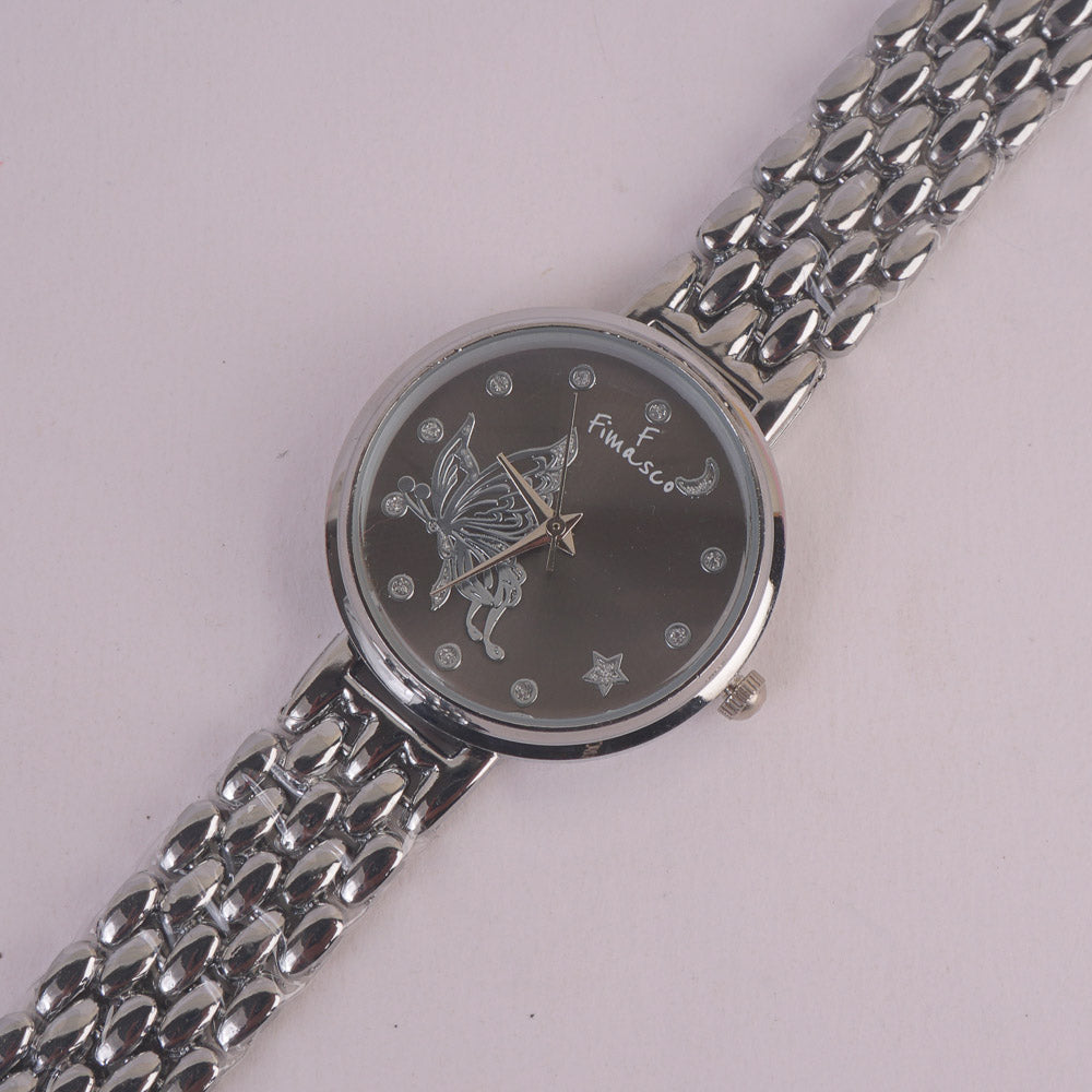 Women Silver Chain Watch Black Dial FCO