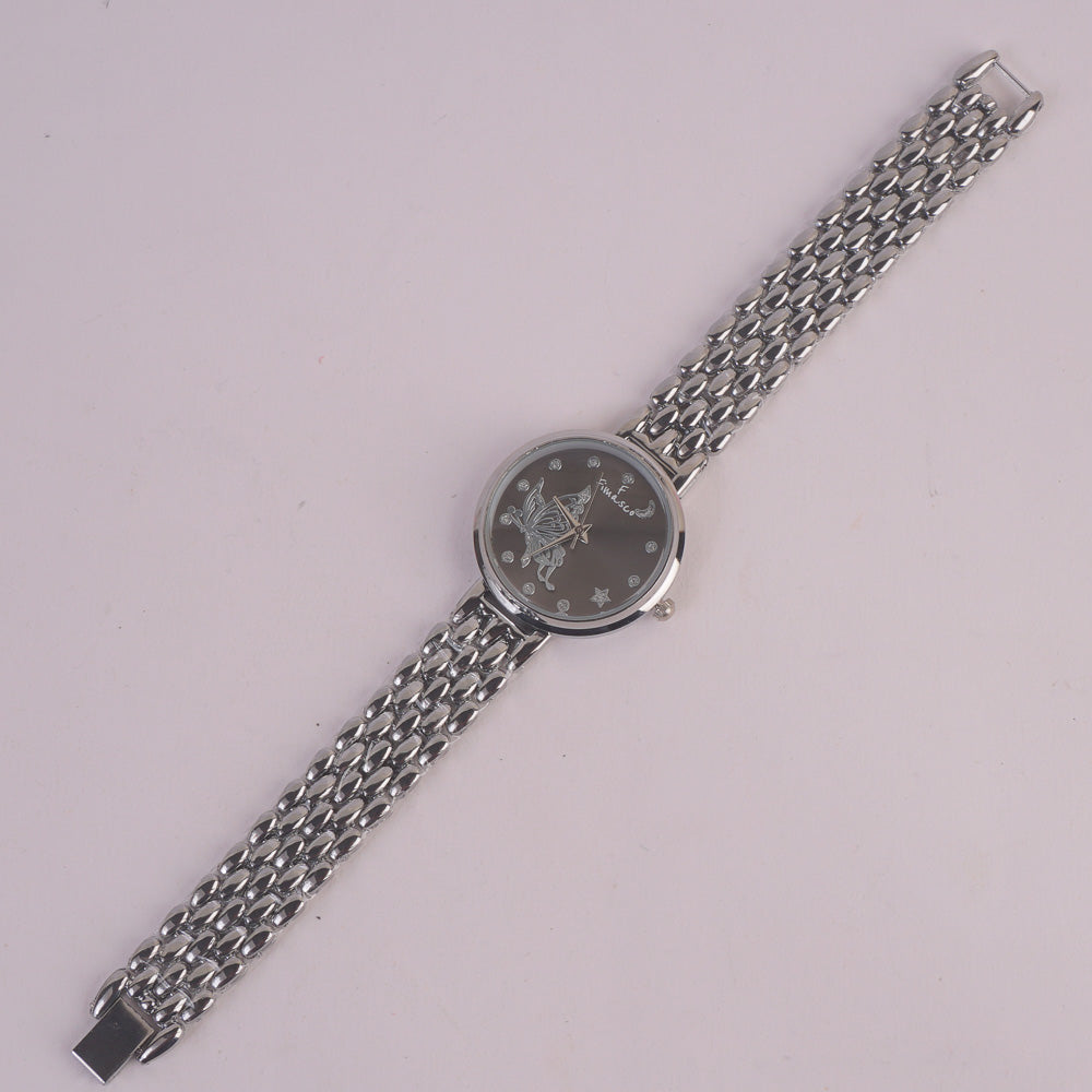 Women Silver Chain Watch Black Dial FCO