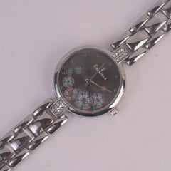Women Silver Chain Watch Black Dial FCO