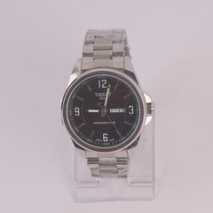 Mens Silver Chain Wrist Watch Black Dial