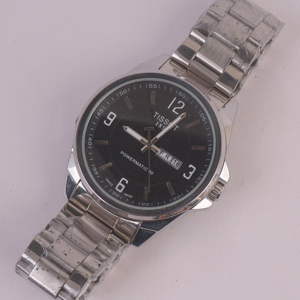 Mens Silver Chain Wrist Watch Black Dial