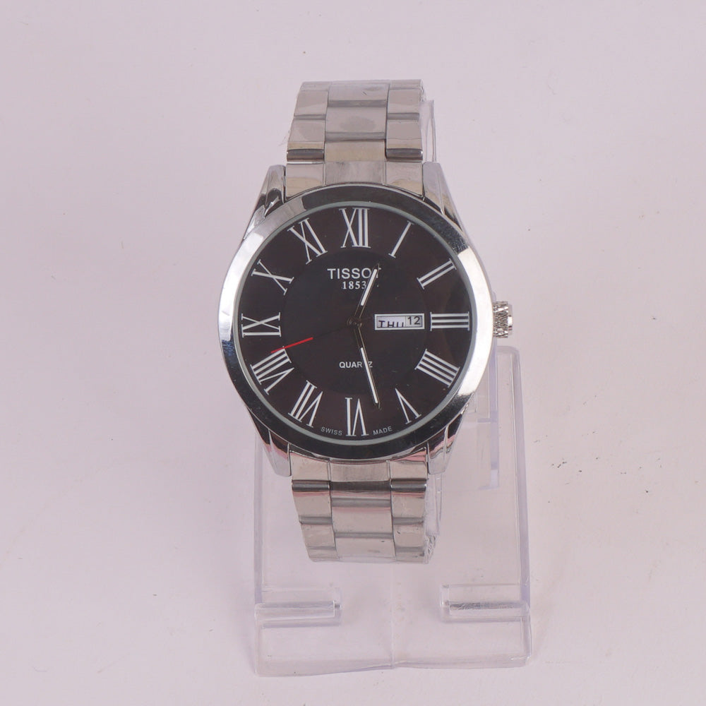 Mens Silver Chain Wrist Watch Black Dial