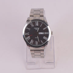 Mens Silver Chain Wrist Watch Black Dial