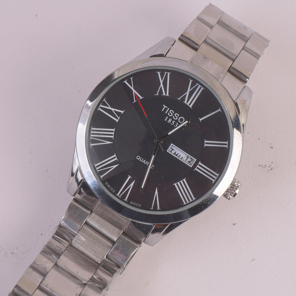 Mens Silver Chain Wrist Watch Black Dial