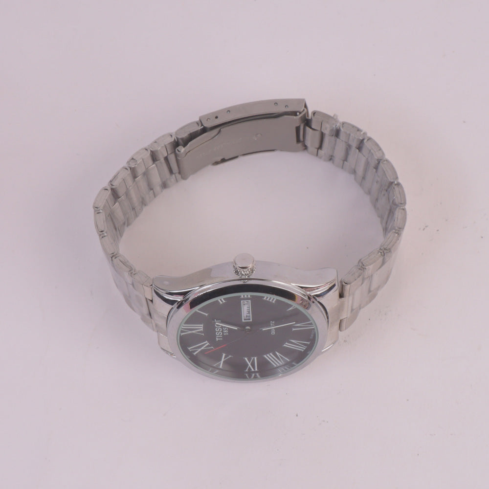 Mens Silver Chain Wrist Watch Black Dial