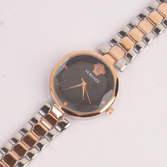 Two Tone Womens Chain Watch Silver with Black Dial