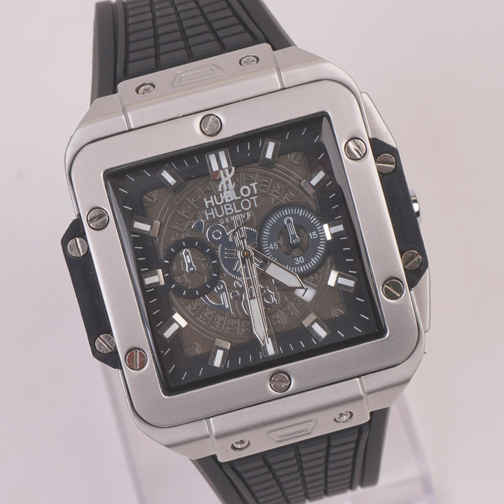 Black Strap Silver Dial Men's Wrist Watch HB