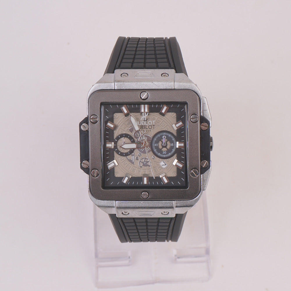 Black Strap Silver Grey Dial Men's Wrist Watch HB