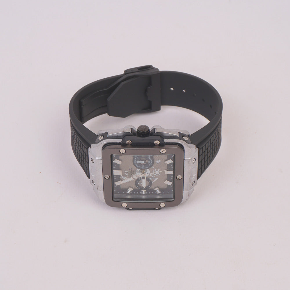 Black Strap Silver Grey Dial Men's Wrist Watch HB