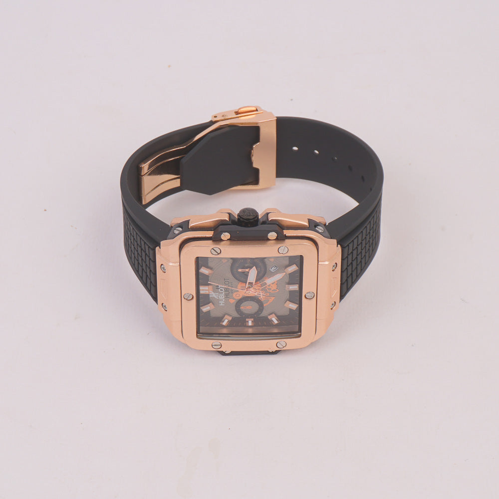 Black Strap Rosegold Dial Men's Wrist Watch HB