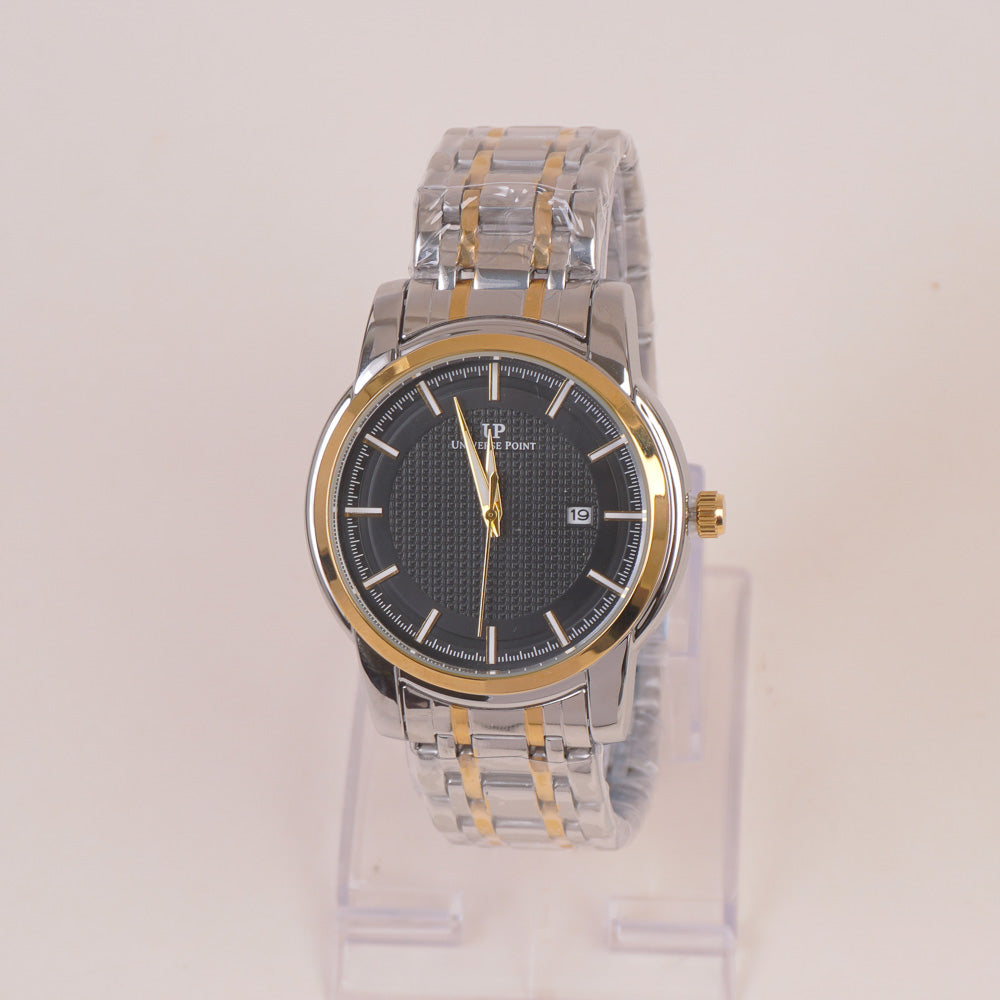 Two Tone Mens Silver Chain Wrist Watch Black Dial