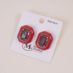 Woman's Casual Earring With Stone Dark Red