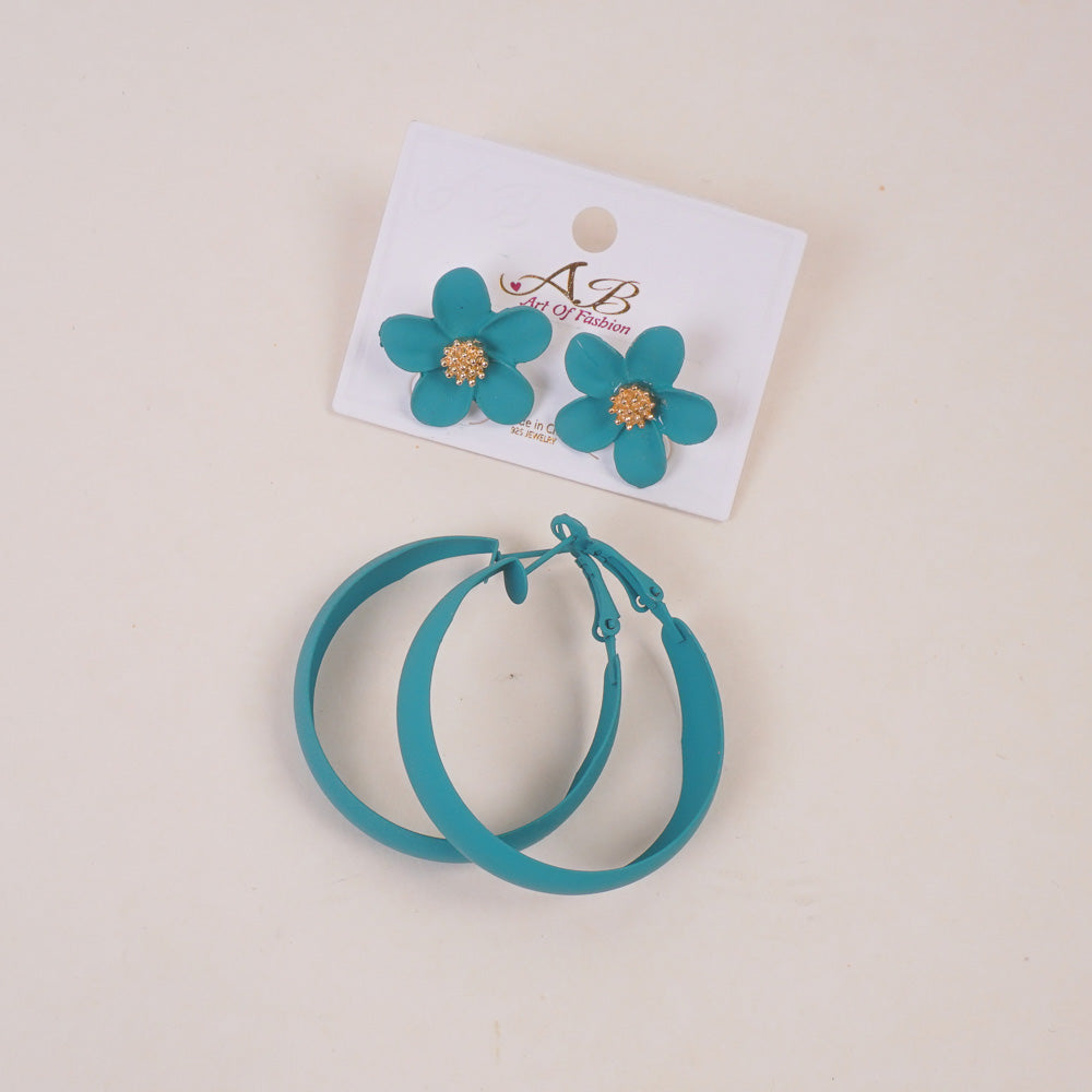 Woman's Casual Earring 4Pcs Set Flower Design Sea Green